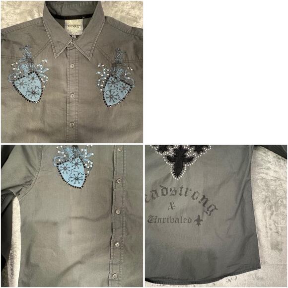 Vintage Y2K Roar Men’s Grey Embellished Western Cross Design Button-Up Shirt L - Picture 8 of 8